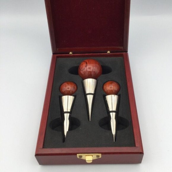 Wine Bottle Stopper Globe w/ Mahogany Wooden Box Set of 3 - Picture 1 of 4